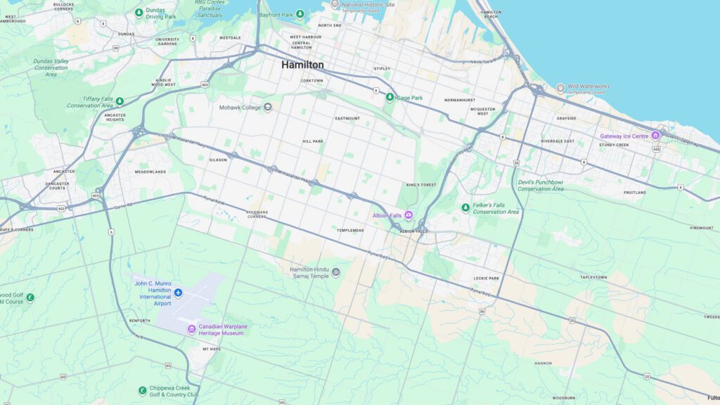 A map of Hamilton Ontario, Canada and the surrounding area