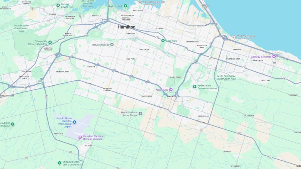Map of Simple Scoop's service area. The map is focused on Hamilton, Ontario.